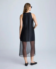 Boat Neck Mini Dress with Sheer Overlay