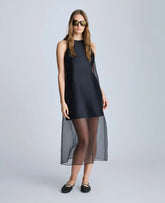 Boat Neck Mini Dress with Sheer Overlay