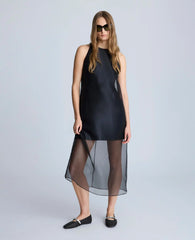 Boat Neck Mini Dress with Sheer Overlay
