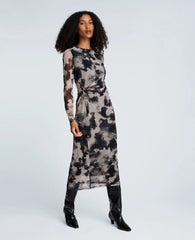 Printed Mesh Knot Front Long Sleeve Midi Dress