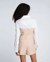 Poplin Y-Neck Top with Vegan Leather Bustier