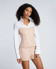 Poplin Y-Neck Top with Vegan Leather Bustier