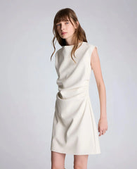 Vegan Leather Boatneck Rouched Waist Short Dress