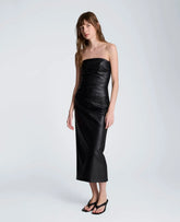 Tucked Detail Midi Strapless Vegan Leather Dress