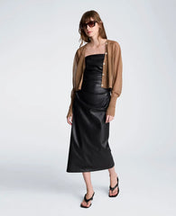 Tucked Detail Midi Strapless Vegan Leather Dress