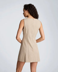 Button Front Boat Neck Sheath Short Cotton Cloque Dress