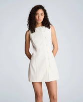 Button Front Boat Neck Sheath Short Cotton Cloque Dress