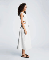 Cotton Poplin Sleeveless D-Rings Tie Midi Dress