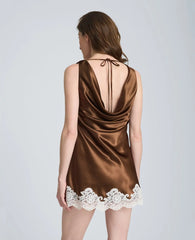 Tie Back Cowl Neck Mini Dress with Lace Hem
