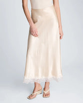 Pull On Midi Skirt with Side Slit & Lace Trim