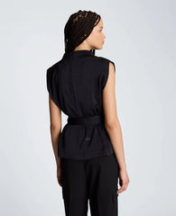 High Cowl Neck Belted Blouse with Chest Pockets