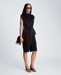 High Cowl Neck Belted Blouse with Chest Pockets