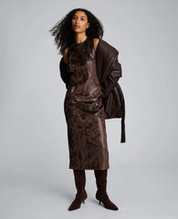 Snake Skin Textured Velvet Crew Neck Sheath Midi Dress
