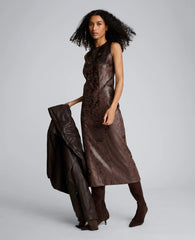Snake Skin Textured Velvet Crew Neck Sheath Midi Dress