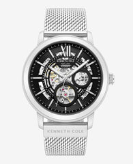 Skeleton Automatic Black Dial Stainless Steel Mesh Strap Watch