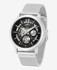 Skeleton Automatic Black Dial Stainless Steel Mesh Strap Watch