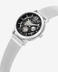 Skeleton Automatic Black Dial Stainless Steel Mesh Strap Watch