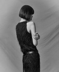Fringed Organza Midi Sheath Dress