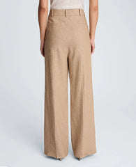 High Rise Fly Front Double Pleat Wide Leg Linen Blend Pant