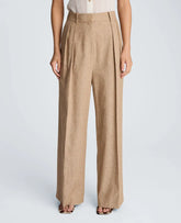 High Rise Fly Front Double Pleat Wide Leg Linen Blend Pant