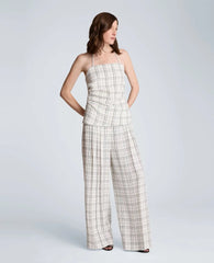 High Rise Fly Front Wide Leg Triple Pleat Lined Plaid Pant