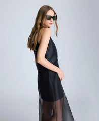 Boat Neck Mini Dress with Sheer Overlay