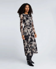 Printed Mesh Knot Front Long Sleeve Midi Dress