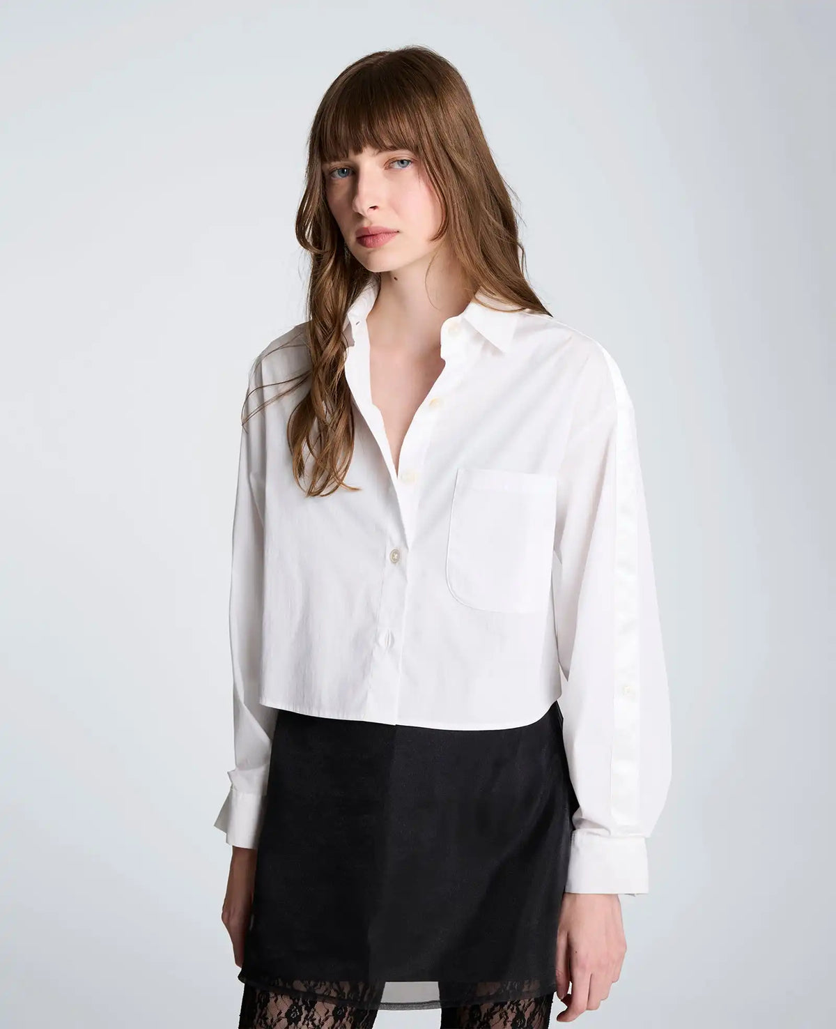 Button Front Crop Shirt with Satin Detail