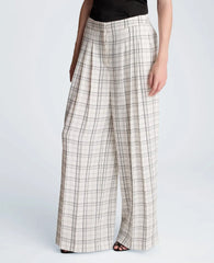 High Rise Fly Front Wide Leg Triple Pleat Lined Plaid Pant