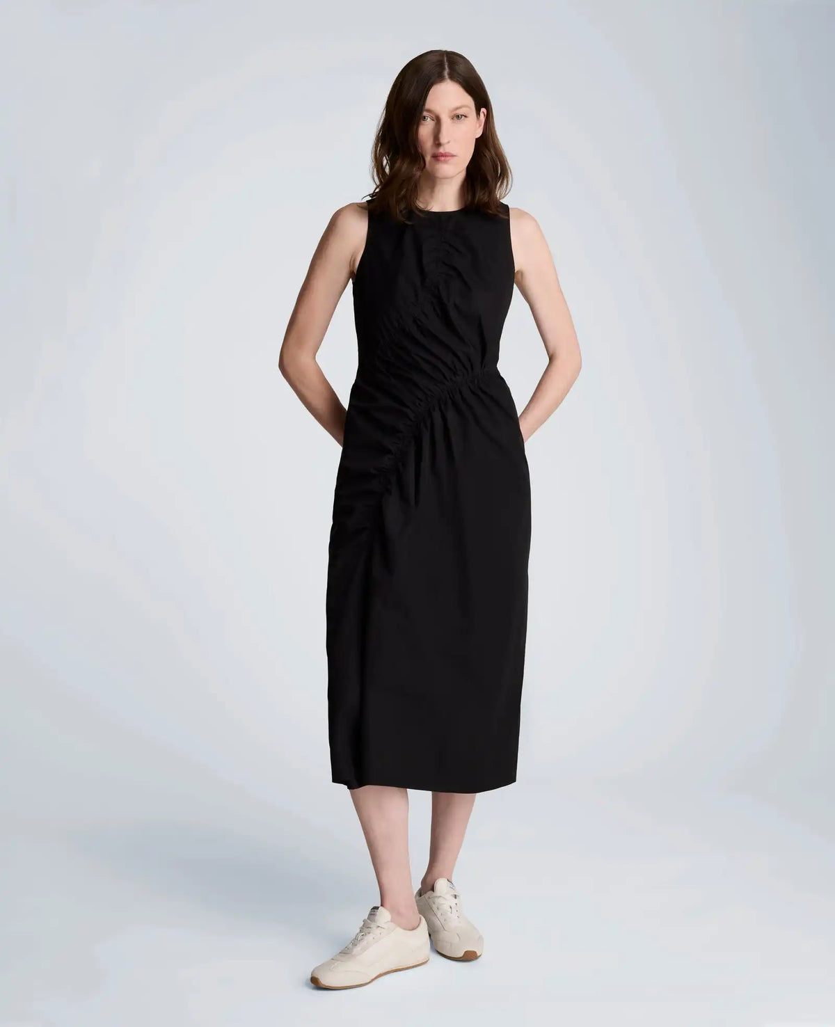 Poplin Asymmetrical Ruched Midi Dress