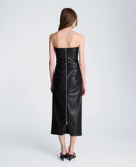Tucked Detail Midi Strapless Vegan Leather Dress