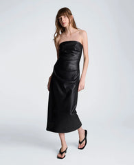 Tucked Detail Midi Strapless Vegan Leather Dress
