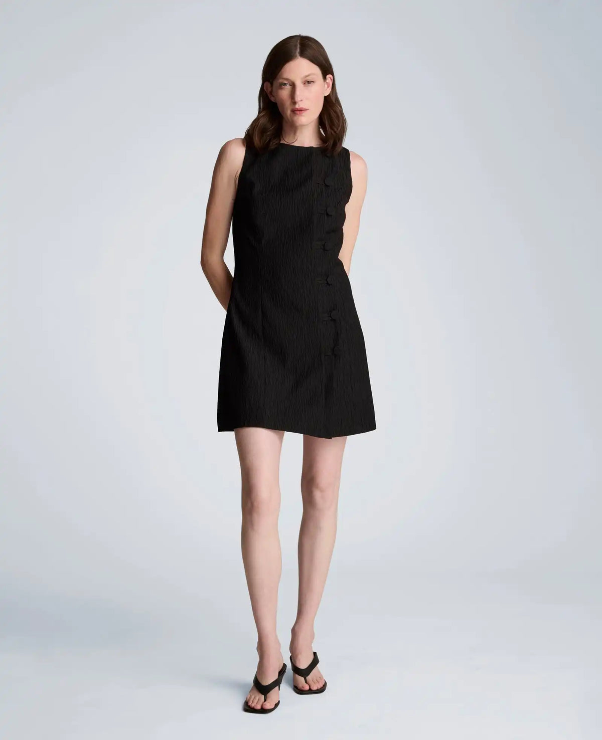 Button Front Boat Neck Sheath Short Cotton Cloque Dress