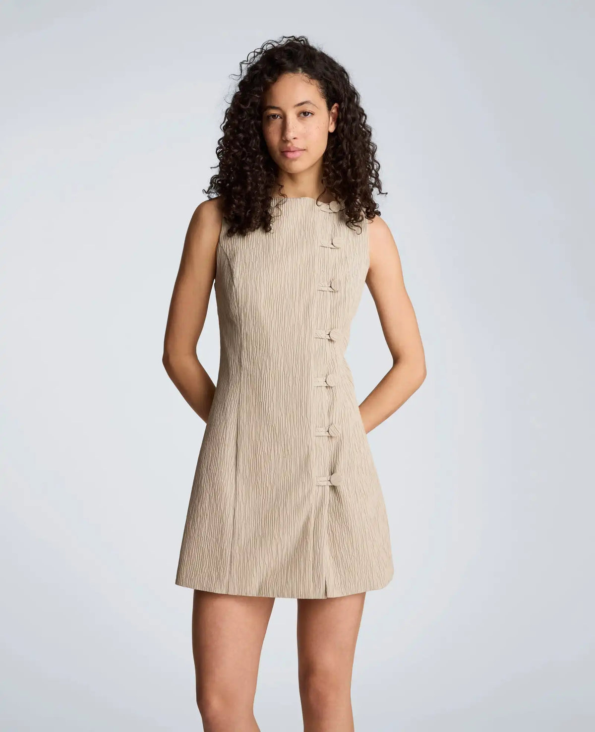Button Front Boat Neck Sheath Short Cotton Cloque Dress