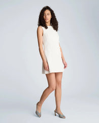 Button Front Boat Neck Sheath Short Cotton Cloque Dress