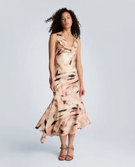 Satin Asymmetrical Hem Cowl Neck Dress