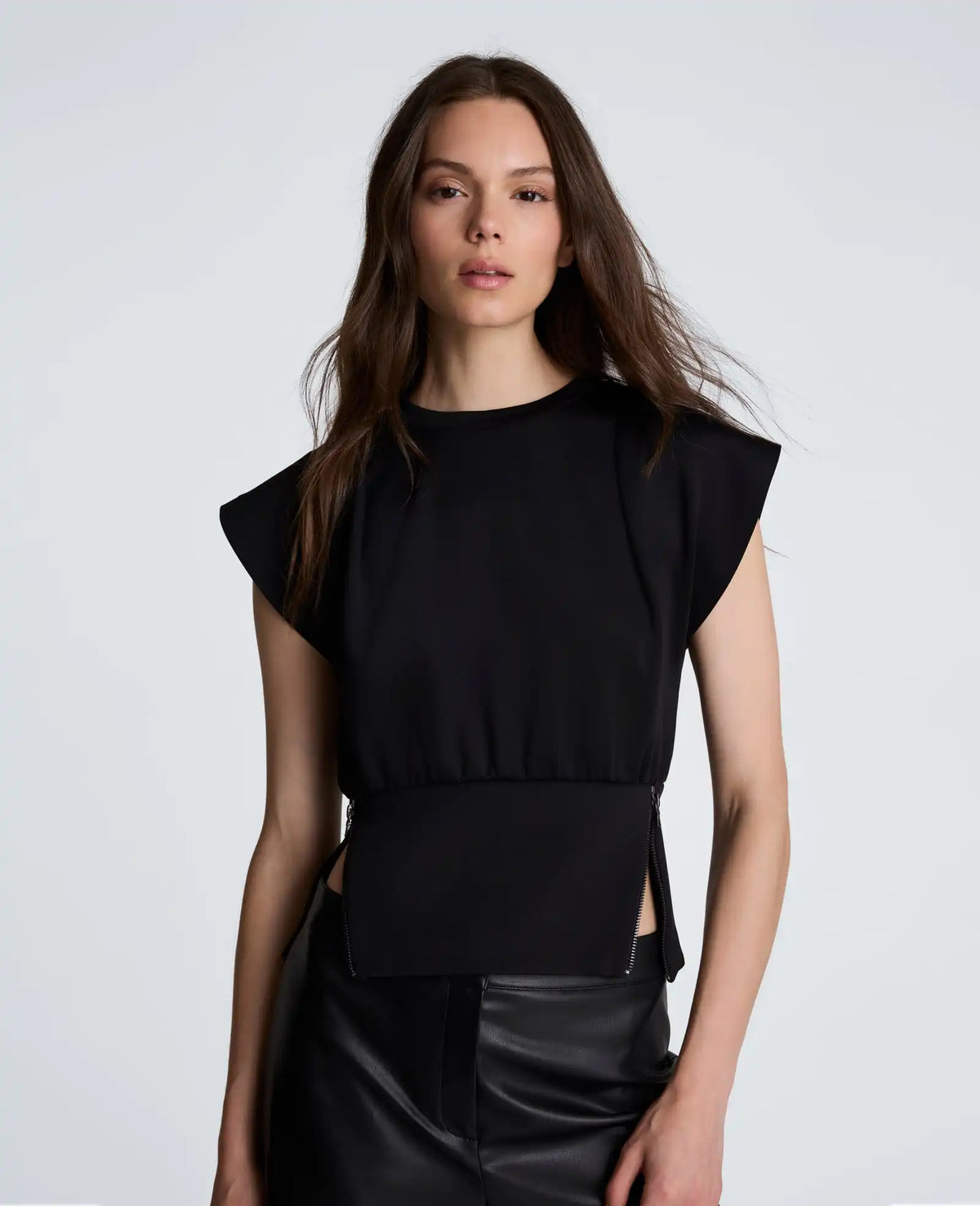 Shoulder Pleat Crewneck with Zipper Detail