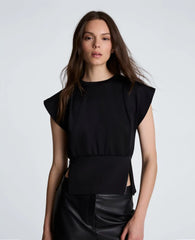Shoulder Pleat Crewneck with Zipper Detail