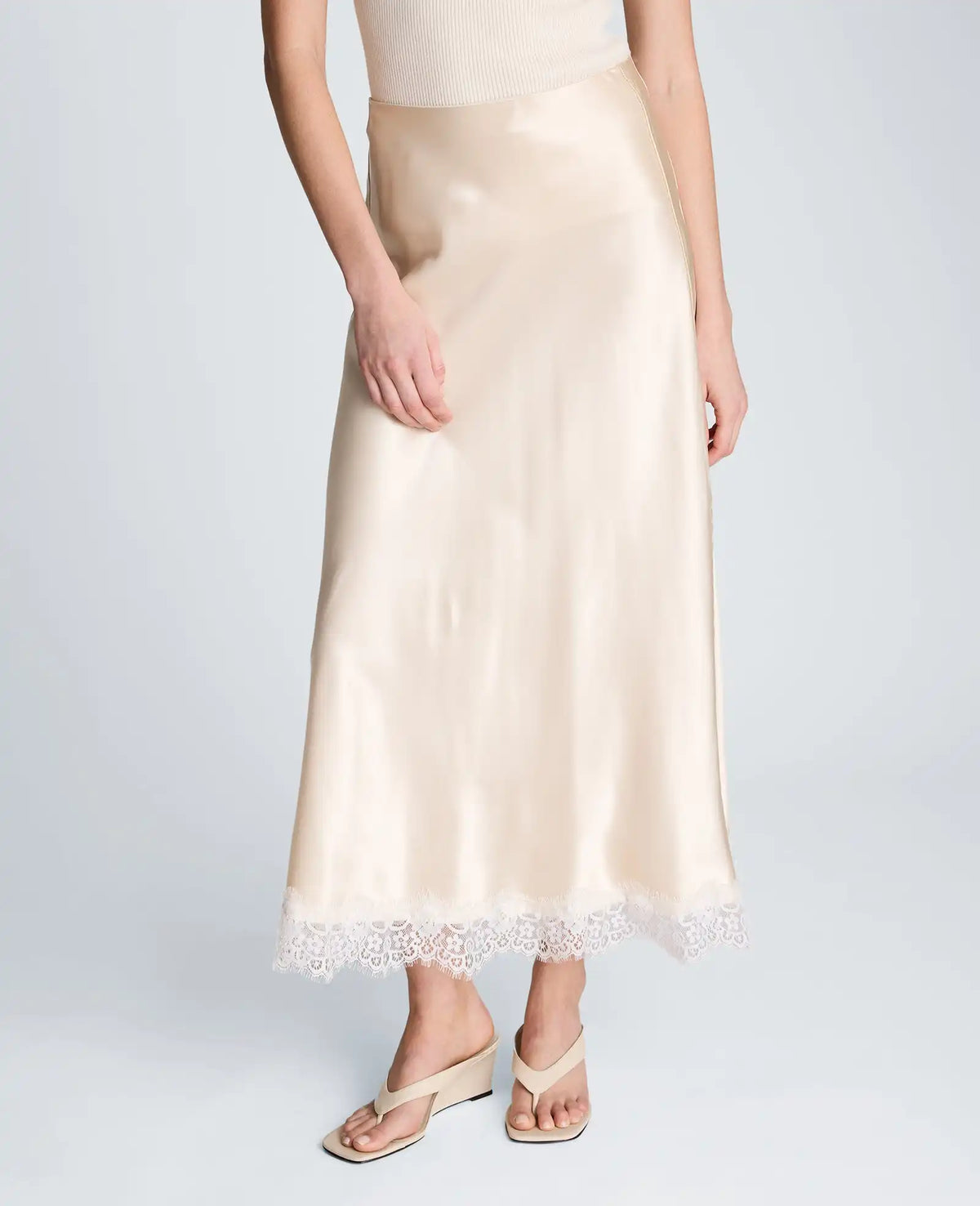 Pull On Midi Skirt with Side Slit & Lace Trim