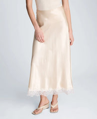 Pull On Midi Skirt with Side Slit & Lace Trim