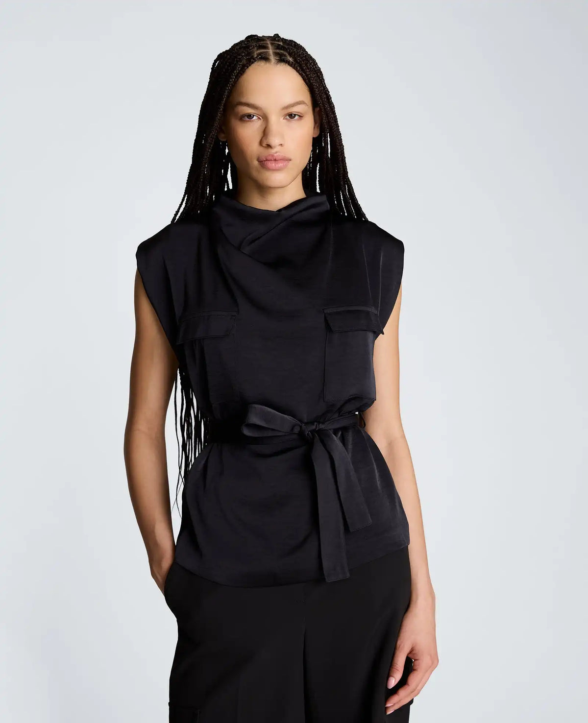 High Cowl Neck Belted Blouse with Chest Pockets