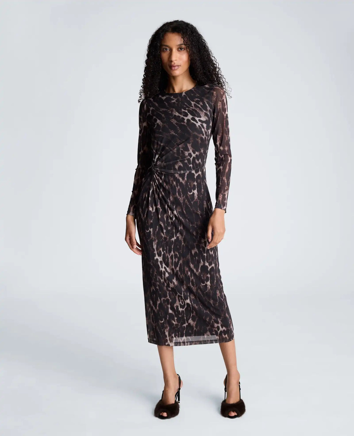Knot Front Long Sleeve Mesh Midi Dress