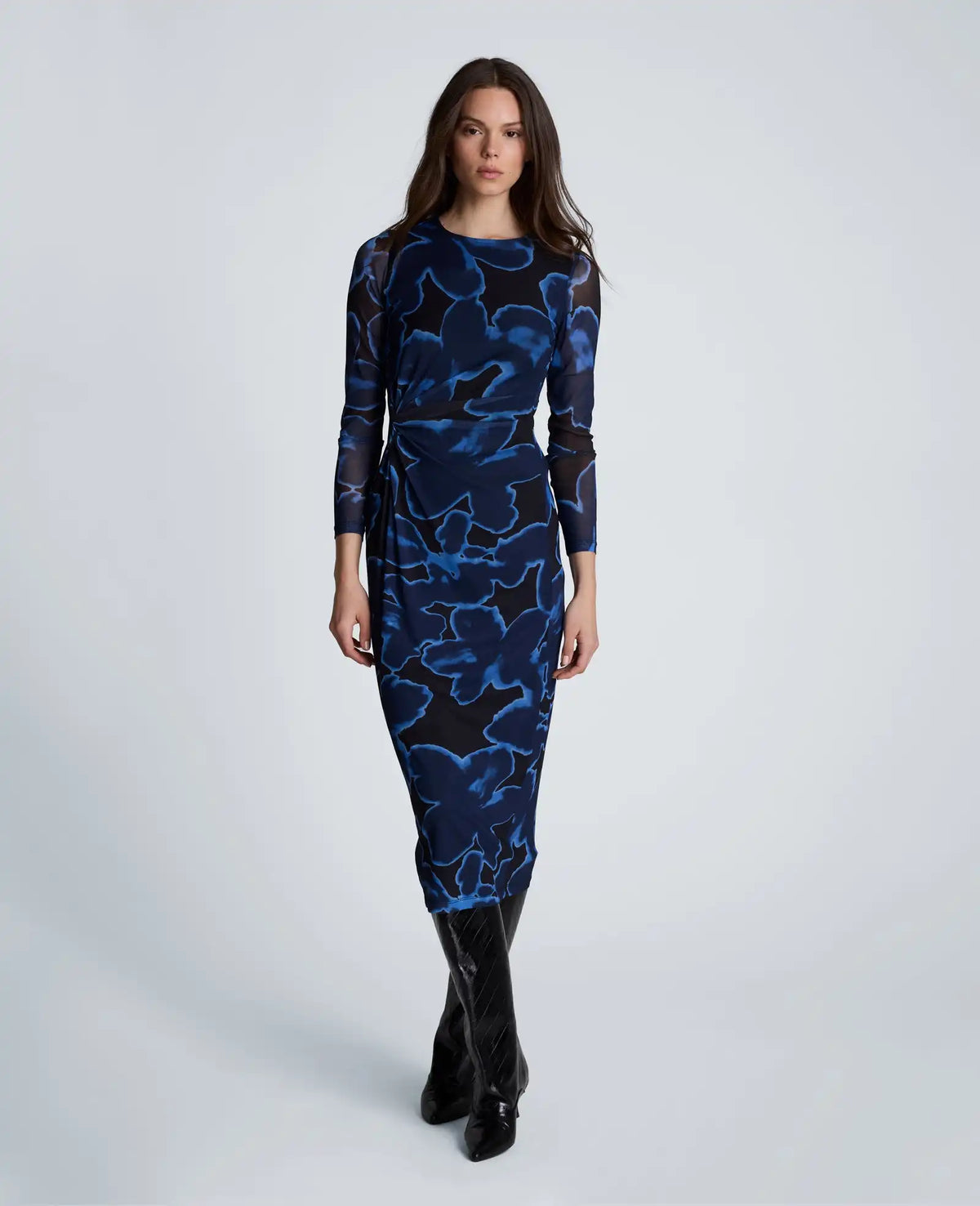 Knot Front Long Sleeve Mesh Midi Dress