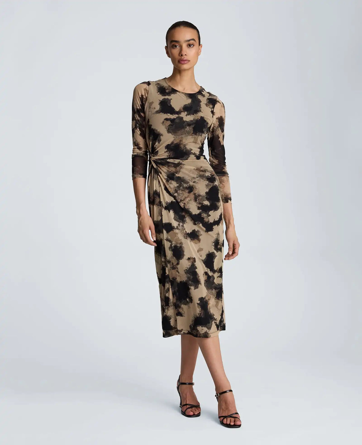 Knot Front Long Sleeve Mesh Midi Dress