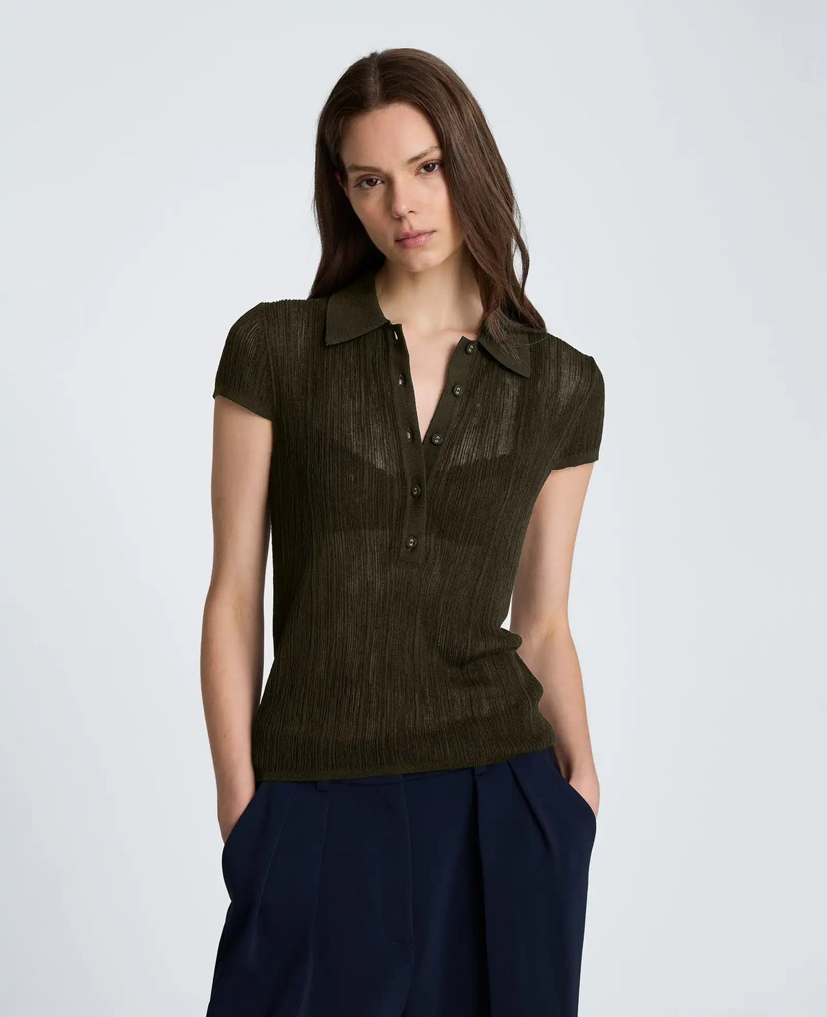 Polo Cap Sleeve Varigated Rib Sweater