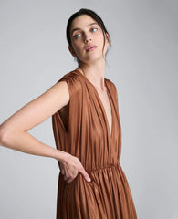 Metallic Knit Deep V-Neck Gathered Maxi Dress