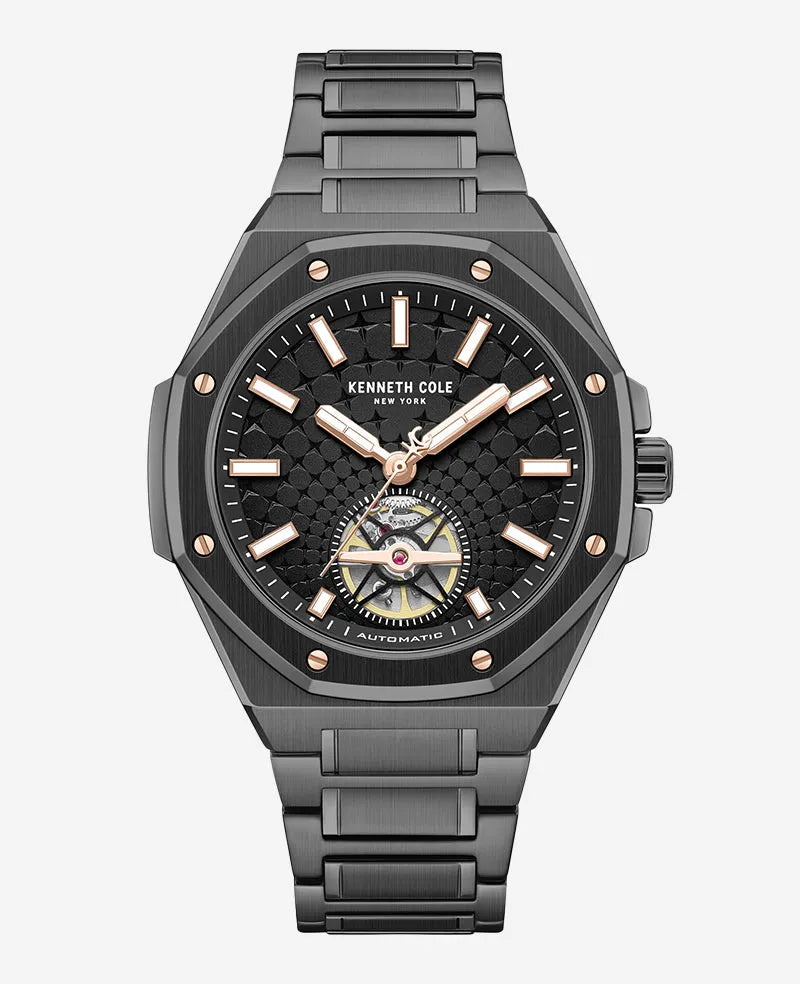 Skeleton Automatic Black Rose Gold Stainless Steel Bracelet Watch