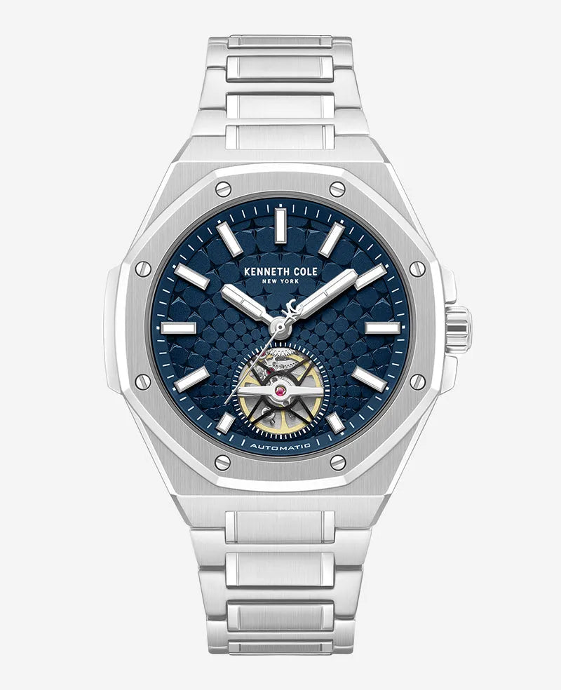 Skeleton Automatic Blue Dial Stainless Steel Bracelet Watch