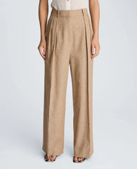 High Rise Fly Front Double Pleat Wide Leg Linen Blend Pant
