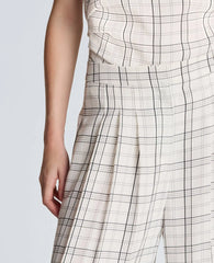 High Rise Fly Front Wide Leg Triple Pleat Lined Plaid Pant
